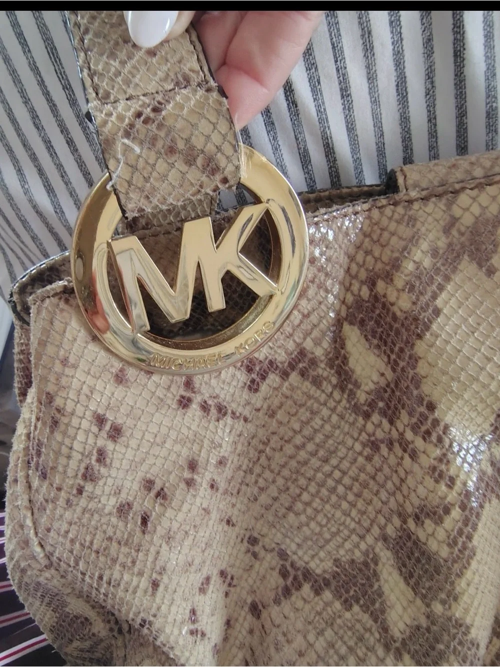 Michael Kors Tan Snake-Print Hobo with Gold MK Medallion